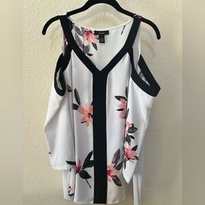Alfani Women's Floral Print Cold Shoulder Top - White and Pink